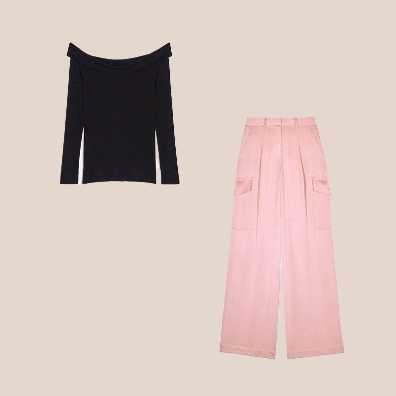 pantalon cargo rosa y top de escote bardot