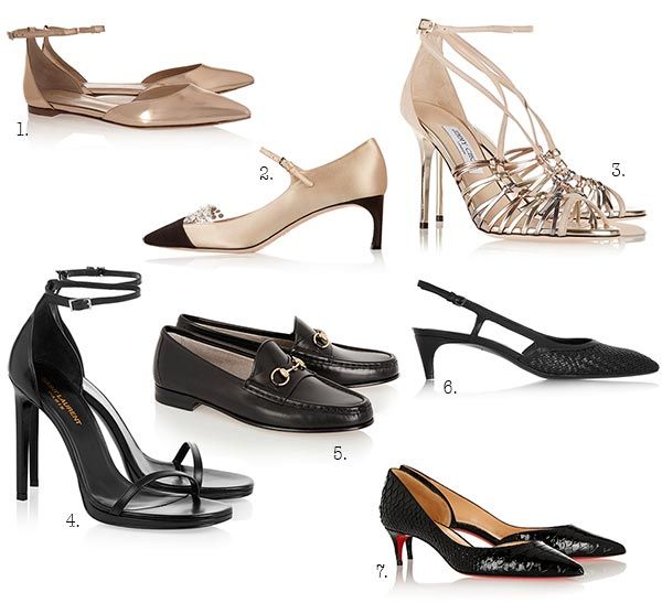 1. Flats metalizadas en color oro rosa, con pulsera tobillera y acabado en punta, de Gianvito Rossi. 2. Pumps de satén en color champán y negro con panel de PVC en la puntera decorado con cristales, de Miu Miu. 3. Sandalias de piel y ante, con acabado metalizado y mate, de Jimmy Choo. 4. Sandalias Jane en color negro, de Saint Laurent. 5. Loafers de piel en color negro, de Gucci. 6. Sling-backs de piel con detalle de piel entrecruzada, de Bottega Veneta. 7. Kitten heels, de Christian Louboutin. ©Net-a-porter
