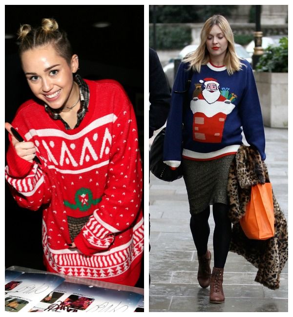 Fearne Cotton con look premamá, el mismo 24 de diciembre de hace un par de años, con maxijersey en azul con un Papa Noel sobre el pecho.
