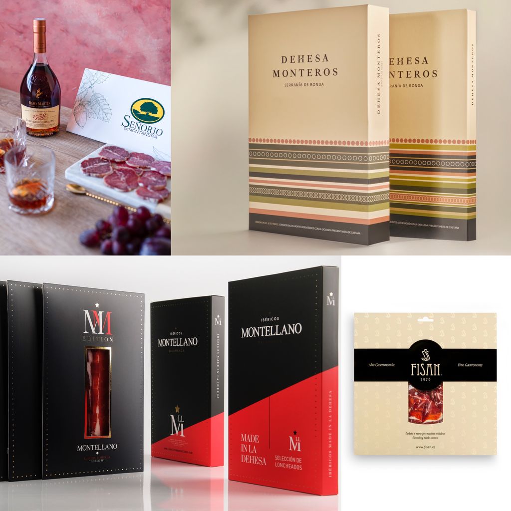 Ibéricos: lomo doblado y botella de Rémy Martin 1738 Accord Royal, un coñac Fine Champagne, pack de 10 jamón Dehesa Monteros; pack Doble M de Montellano y pack de Jamón de Bellota Alta Gastronomía Deluxe de Fisan.