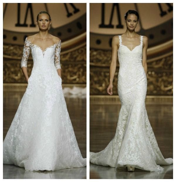 Segunda posición: la línea 'A', en este caso de la nueva colección de Pronovias, con falda triángulo y escote de hombros caídos combinado con manga tres cuartos.
