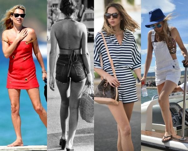 Kate Moss en 2009 durante unas vacaciones en Saint-Tropez, con un vestido de hombros caídos en color rojo, complementario con el azul del mar.
