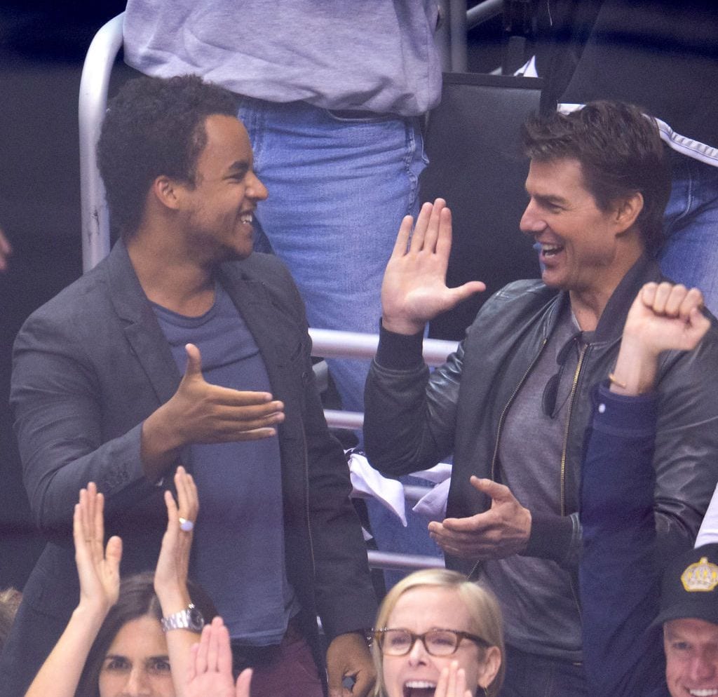 LOS ANGELES, CA - JUNE 04:  Connor Cruise (L) and Tom Cruise attend an NHL playoff game between the Chicago Blackhawks and the Los Angeles Kings at Staples Center on June 4, 2013 in Los Angeles, California.  (Photo by Noel Vasquez/Getty Images)