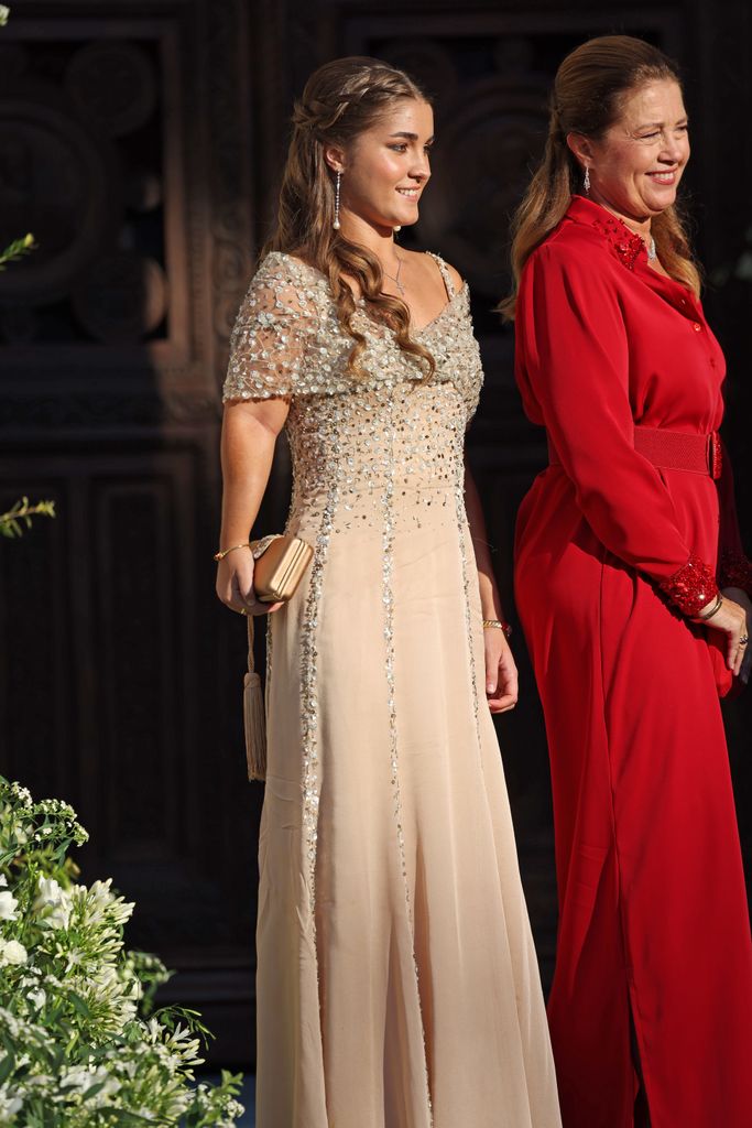 Amelia Morales of Greece arrives at the Athens Cathedral to attend the marriage between Theodora of Greece, fourth daughter of King Constantine II of Greece, with Matthew Kumar, on September 28, 2024, in Athens (Greece)