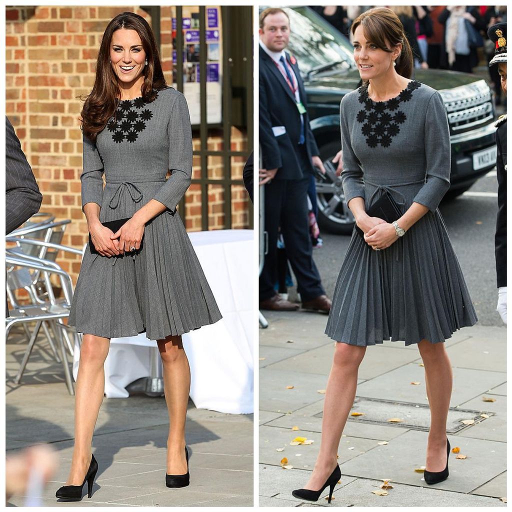 kate middleton con vestido gris de falda tipo a vestido de orla kiely en 2012 y 2015