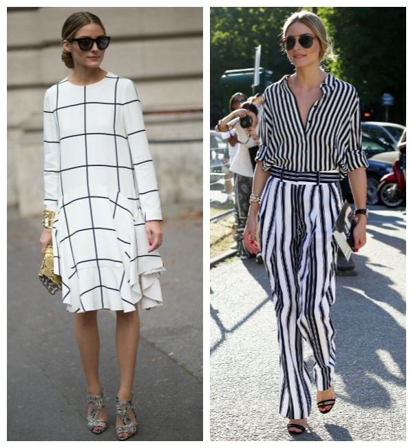 RAYAS Y RAYAS: Y lo que es más, con pantalones. Uno de los estilimos mejor pensados de Olivia Palermo, por sencillo, es este conjunto de pantalón y camisa con rayas verticales en blanco y negro, que difieren solamente en el grosor. Su beauty look, un clásico made in Palermo, con recogido a la nuca y raya partida, y uñas en rouge.
