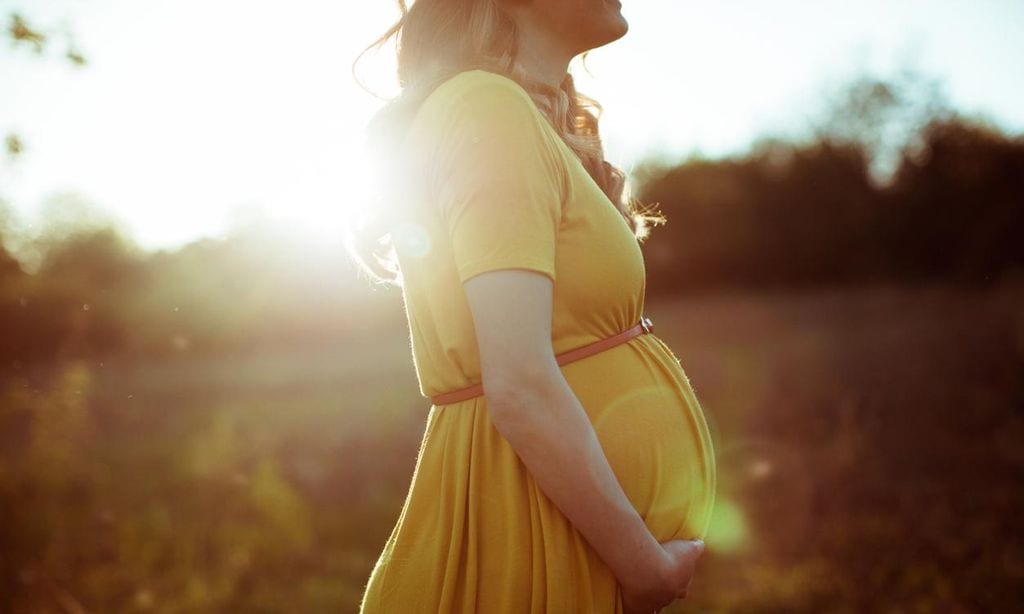 Mujer embarazada sonriente en la naturaleza