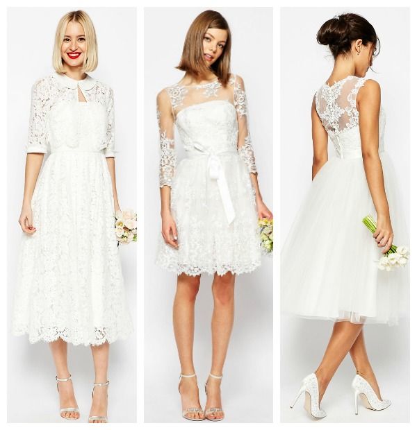 Vestidos de novia de la línea ASOS Bridal: midi con escote palabra de honor (174,99 €); mini con manga tres cuartos de encaje (186,99 €); y estilo fifities con falda tutú (209,99 €).
