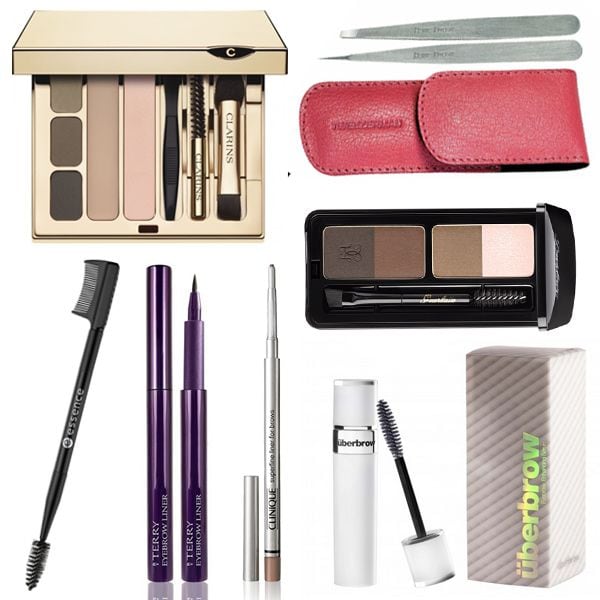 Kit Sourcils 'Pro' de Clarins, funda con una pinza mini Slant y una pinza Point de Tweezerman, Eyebrow kit de Guerlain, peine de cejas y pestañas de Essence, Eyebrow liner de By Terry, Superfine Liner for Brows de Clinique, y sérum de cejas de Überbrow.