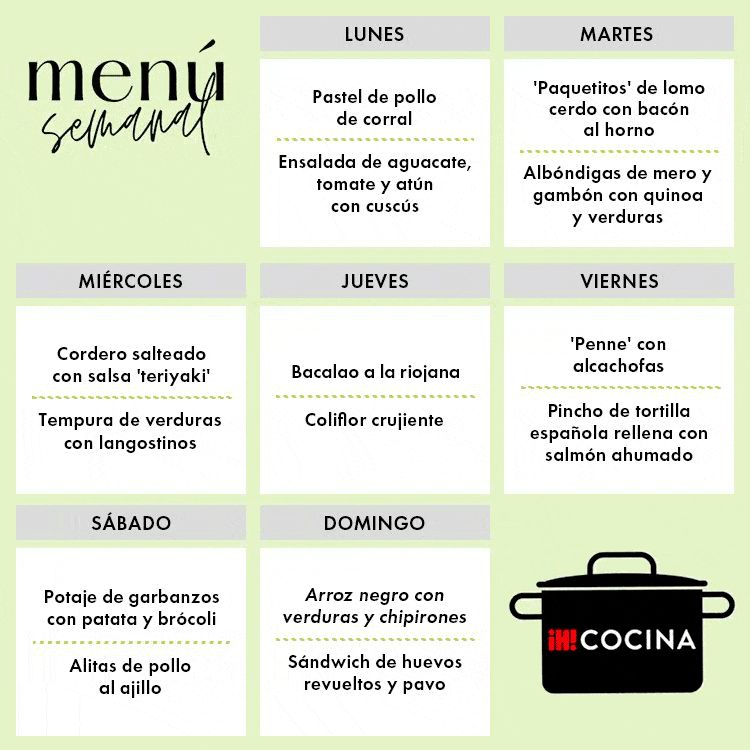 MENÚ SEMANAL DEL LUNES 25 AL DOMINGO 31 DE MARZO