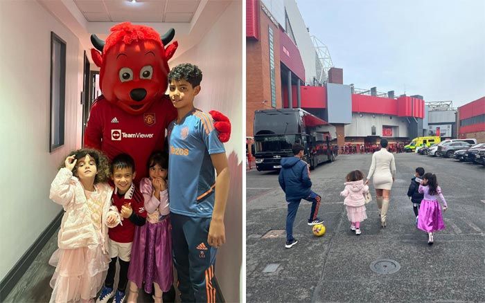 Georgina Rodríguez con los niños en el campo del Manchester