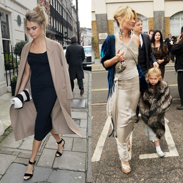 Kate Moss en la boda de Leah Wood en Londres, con vestido achampanado y pashmina de terciopelo en color cobalto.
