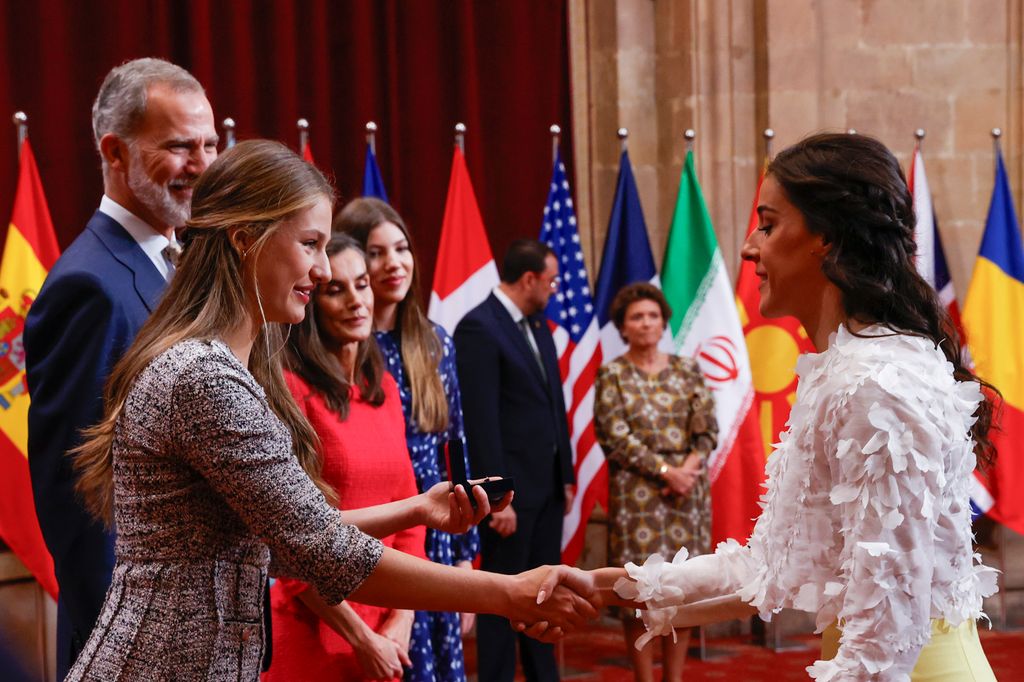 Carolina Marin,Spanish King Felipe VI and Queen Letizia with Princess of Asturias Leonor de Borbon and Infant Sofia de Borbon during an audience with the awarded the Princess of Asturias awards 2024 in Oviedo, on Friday 25 October 2024.