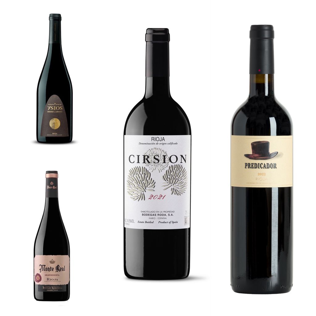 Tintos de Rioja: Ysios Grano a grano, Monte Real Gran Reserva, Cirsion 2021 y Predicador Tinto 2022.