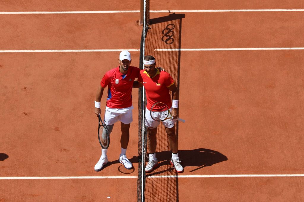 Novak Djokovic and Rafael Nadal during the Tennis Men's Singles second round at the Paris 2024 Olympic Games in Roland-Garros, France