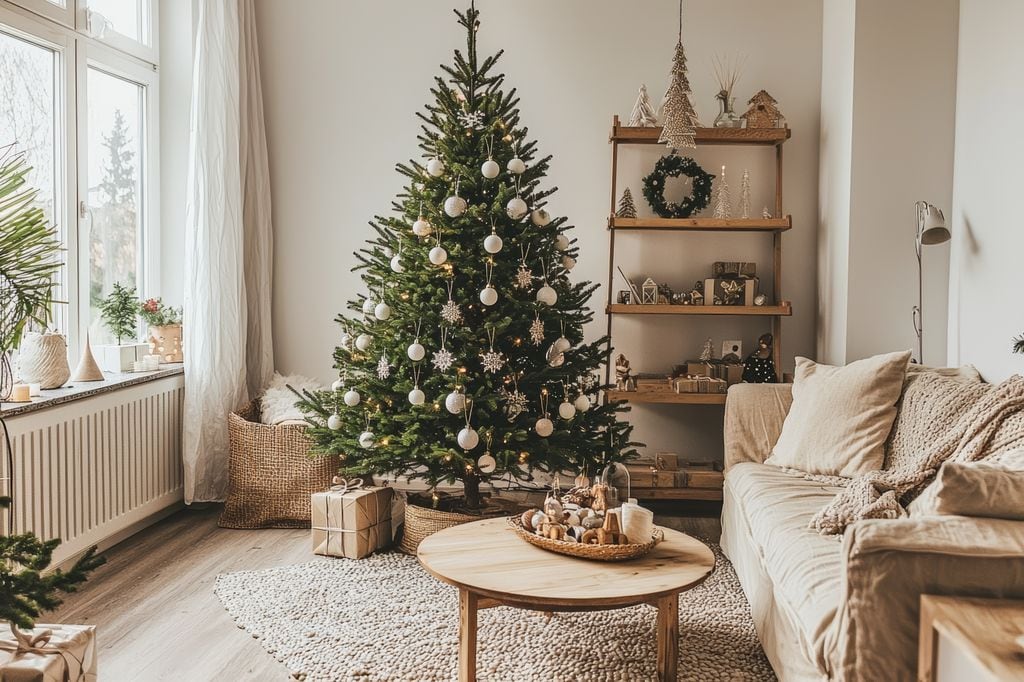 Salón de estilo nórdico con árbol de Navidad