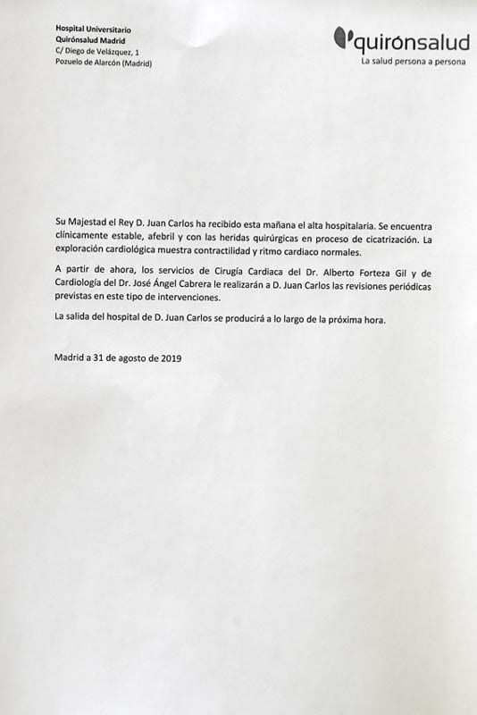 Don Juan Carlos recibe el alta hospitalaria una semana después de su operación de corazón