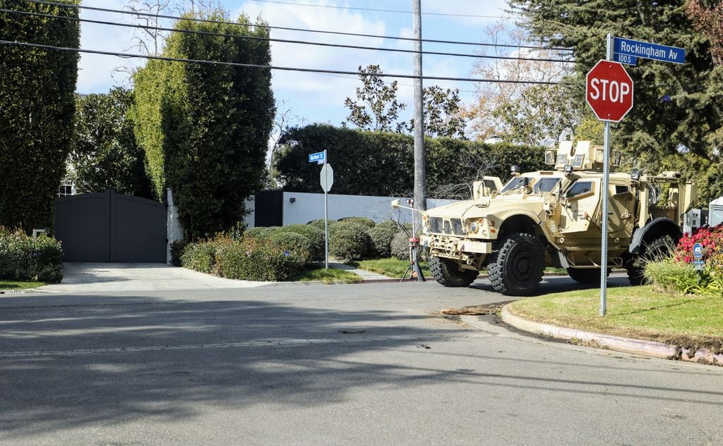 Members of the National Guard are seen outside of Ben Affleck's home on January 17, 2025 in Pacific Palisades, California. (Photo by MEGA/GC Images)