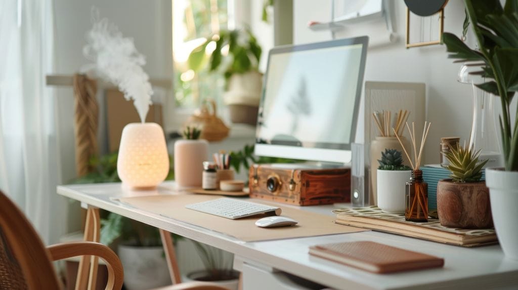 Una oficina en casa minimalista con elementos de bienestar como difusores de aceites esenciales, colores relajantes y materiales naturales para una zona de trabajo libre de estrés.