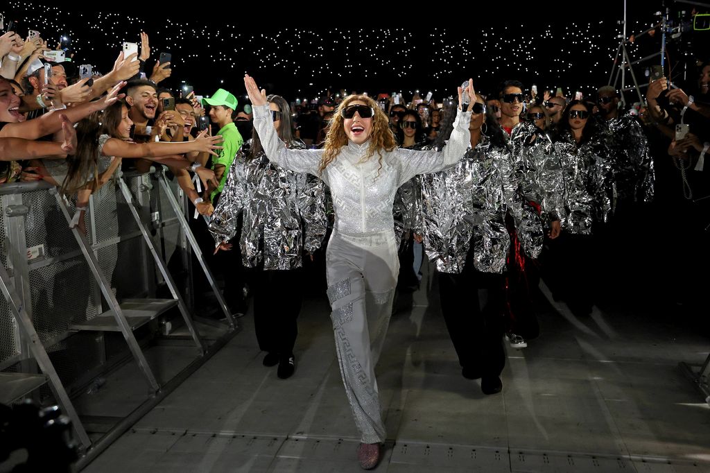 Shakira performs onstage during Shakira: Las Mujeres Ya No Lloran World Tour at Roberto Melendez Metropolitan Stadium on February 20, 2025 in Barranquilla, Colombia.  (Photo by Kevin Mazur/Getty Images for Live Nation)