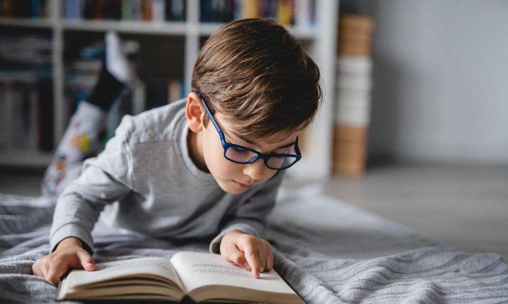 one caucasian boy lying on the floor at home in day reading a book front view copy space real people education concept