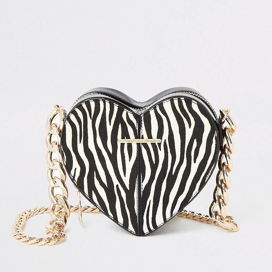 white zebra print heart shaped bag de river island