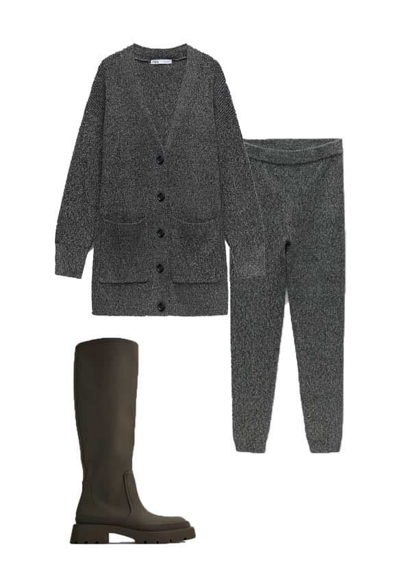 Conjunto de leggings, chaqueta de punto y botas de Zara