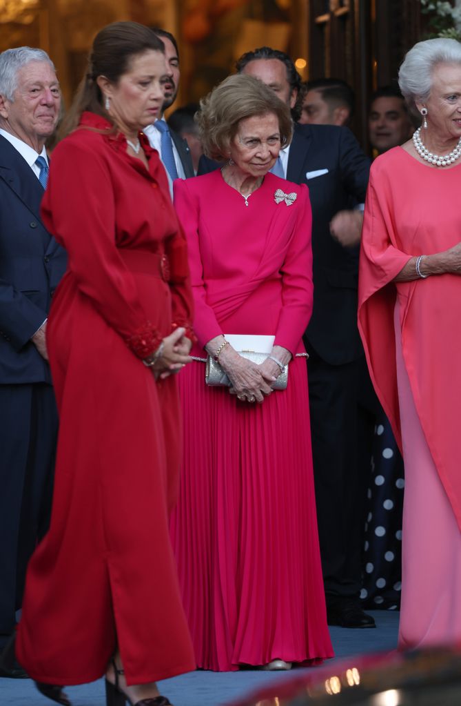 La Reina Doña Sofía y la Princesa Benedicta de Dinamarca salen de la Catedral de Atenas donde han asistido al enlace matrimonial entre Teodora de Grecia y Matthew Kumar, a 28 de septiembre de 2024, en Atenas (Grecia)