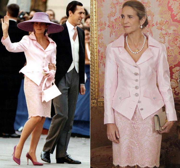 Elena de Borbón estrenó este vestido en octubre de 1997 para la boda de su hermana Cristina en Barcelona, un traje al que volvió a recurrir en la celebración del día de la Hispanidad del año 2011
