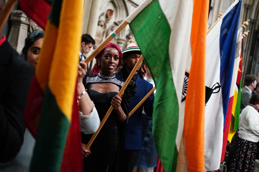 LONDON, ENGLAND - MARCH 10: Flag bearers attend the Commonwealth Day Service of Celebration at Westminster Abbey on March 10, 2025 in London, England. (Photo by Aaron Chown - WPA Pool/Getty Images)