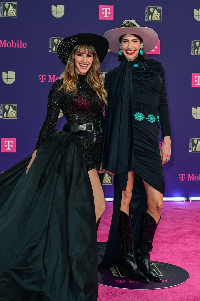 Hanna Nicole (L) and Ashley Grace of US Latin pop duo Ha*Ash arrive for Univision's 37th Premio Lo Nuestro at the Kaseya Center in Miami, Florida, on February 20, 2025. (Photo by Giorgio Viera / AFP) (Photo by GIORGIO VIERA/AFP via Getty Images)          