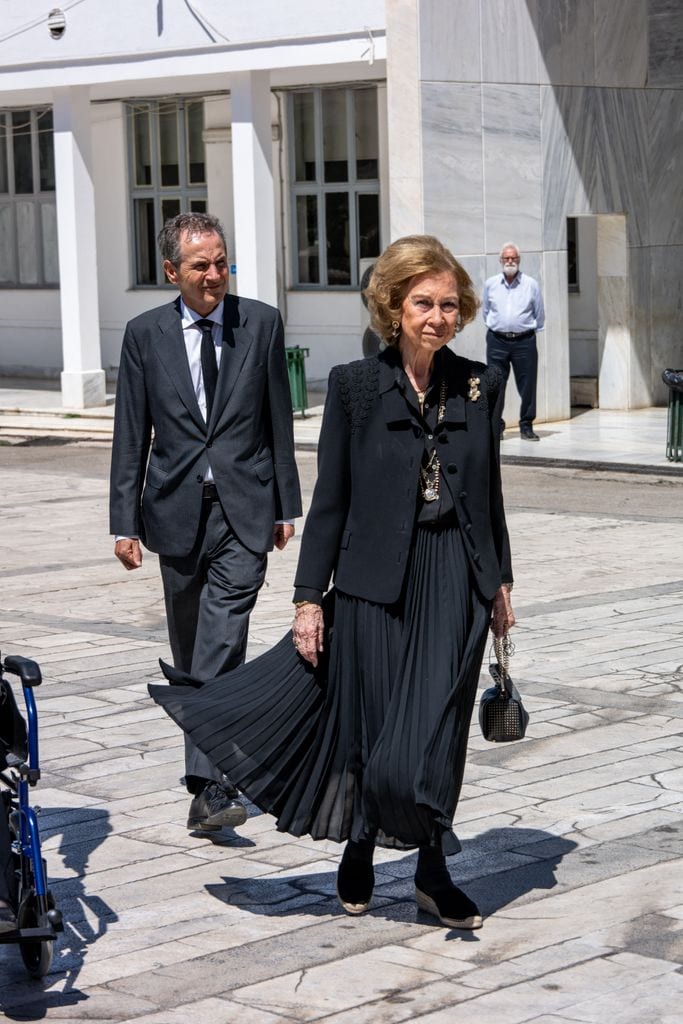 La reina Sofía en el funeral de Miguel de Grecia el 1 de agosto de 2024 en Atenas 