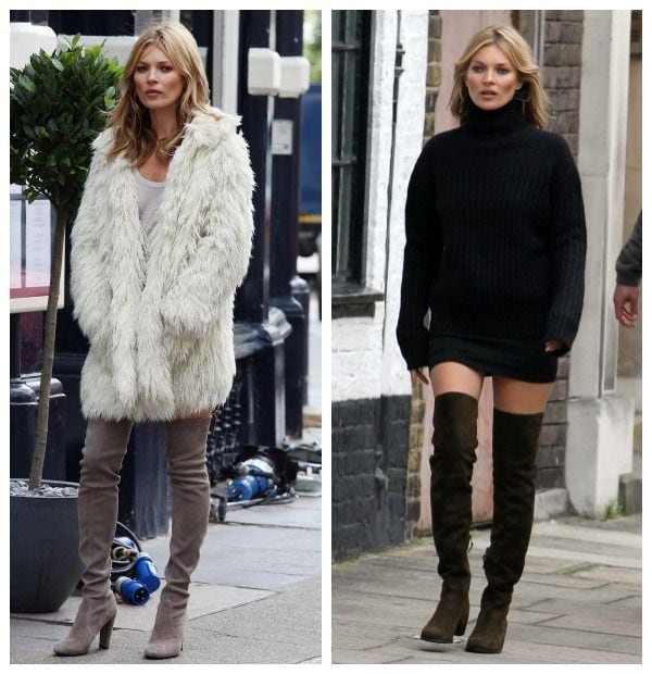 Kate Moss con la combinación total que define el lampshading: top largo + botas altas + minifalda o shorts más cortos que la sudadera o jersey.
