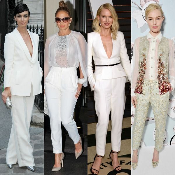 Con dos piezas en off white, en color marfil con brcoados y chaleco sin mangas como Kate Bosworth.
