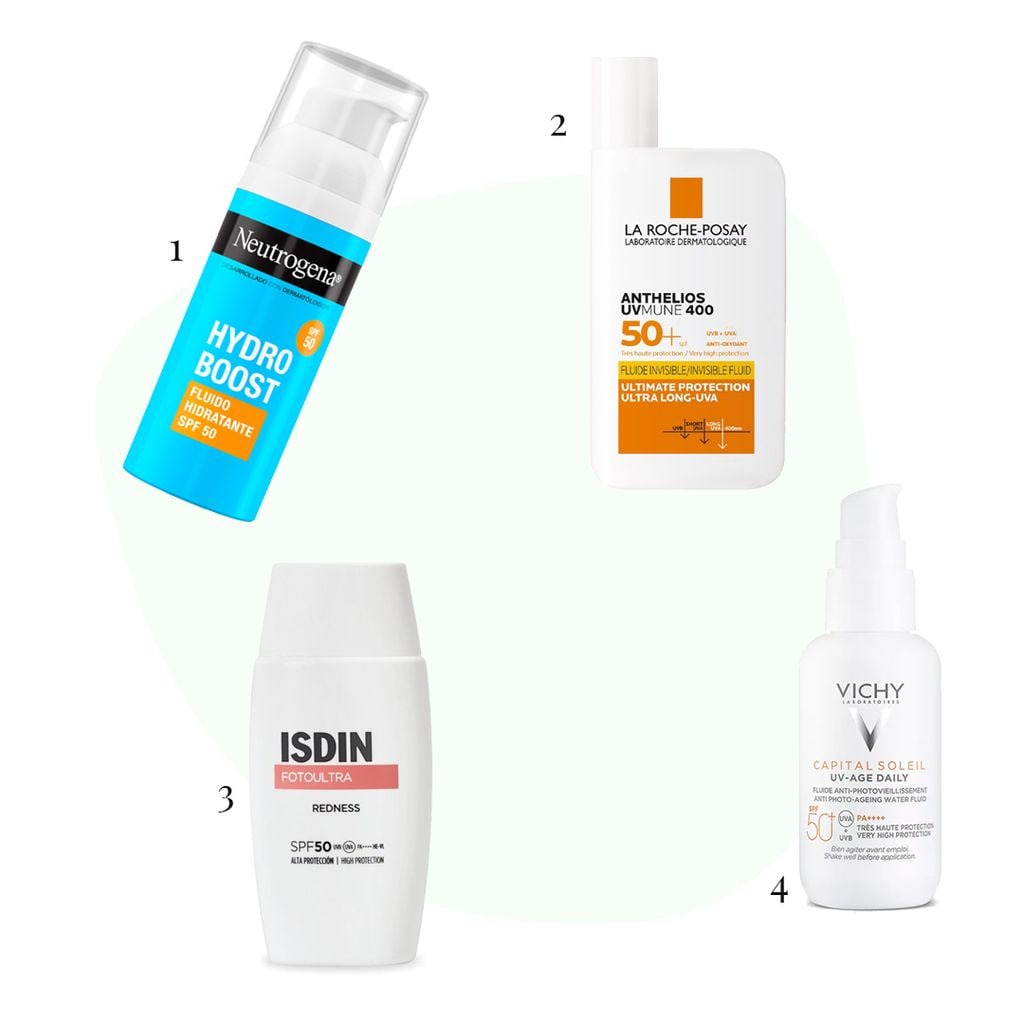 1) 'Hydro Boost Fluido Hidratante SPF50', Neutrogena / 2) 'Anthelios UV-MUNE 400 Fluido Invisible SPF50+', La Roche Posay / 3) 'Fotoultra Redness SPF50', ISDIN / 4) 'Capital Soleil UV-Age Daily SPF50+', Vichy