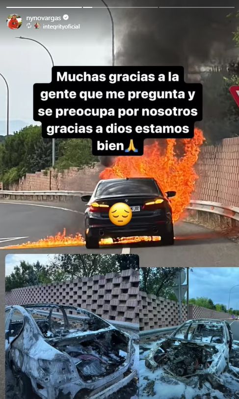 El coche del artista Nyno Vargas que ardió en medio de la carretera