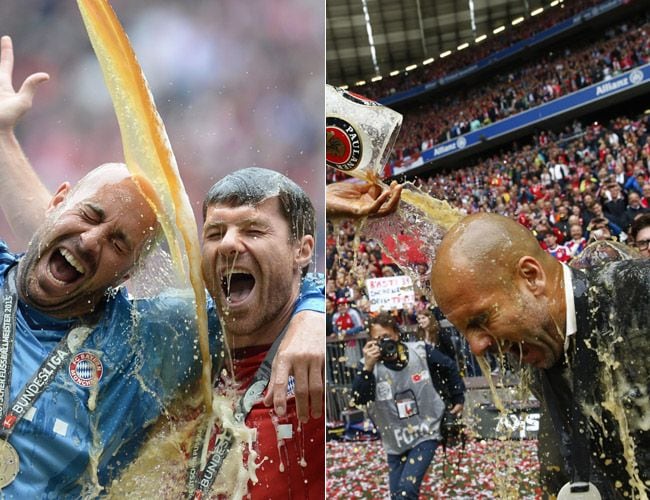 La tradición del equipo bávaro manda, Pepe Reina, Xabi Alonso y Claudio Pizarro reciben la tradicional ducha de cerveza para festejar el triunfo
