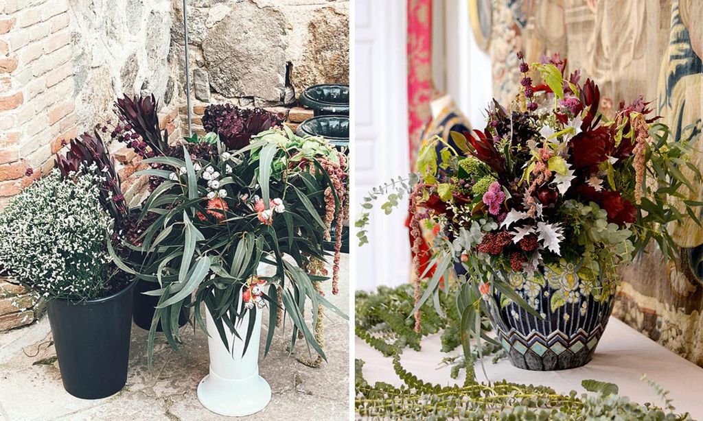 
Las flores y plantas recién llegadas antes de ser colocadas. A la derecha, la mesa del bufet con un centro floral y eucalipto.
