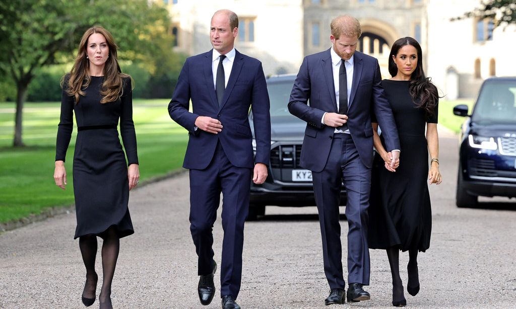 catherine princess of wales prince william prince of wales prince harry duke of sussex and meghan duchess of sussex on the long walk at windsor castle on september 10 2022 in windsor england 