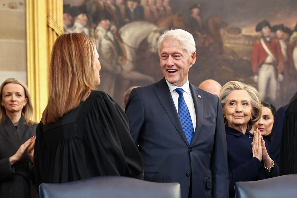 WASHINGTON, DC - JANUARY 20: U.S. Supreme Court Associate Justice Amy Coney Barrett (L) greets former U.S. President Bill Clinton as she arrives to the inauguration of U.S. President-elect Donald Trump in the Rotunda of the U.S. Capitol on January 20, 2025 in Washington, DC. Donald Trump takes office for his second term as the 47th president of the United States. (Photo by Chip Somodevilla/Getty Images)