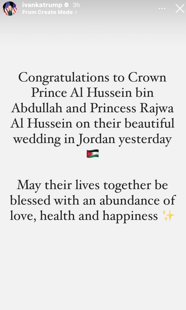 Ivanka Trump congratulates Crown Prince of Jordan