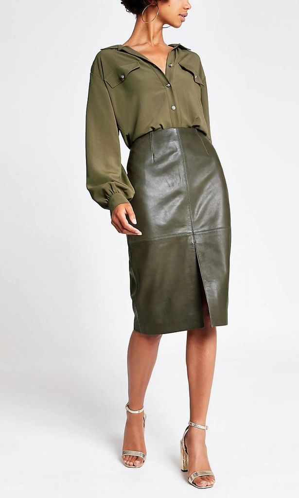 dark green leather pencil skirt de river island