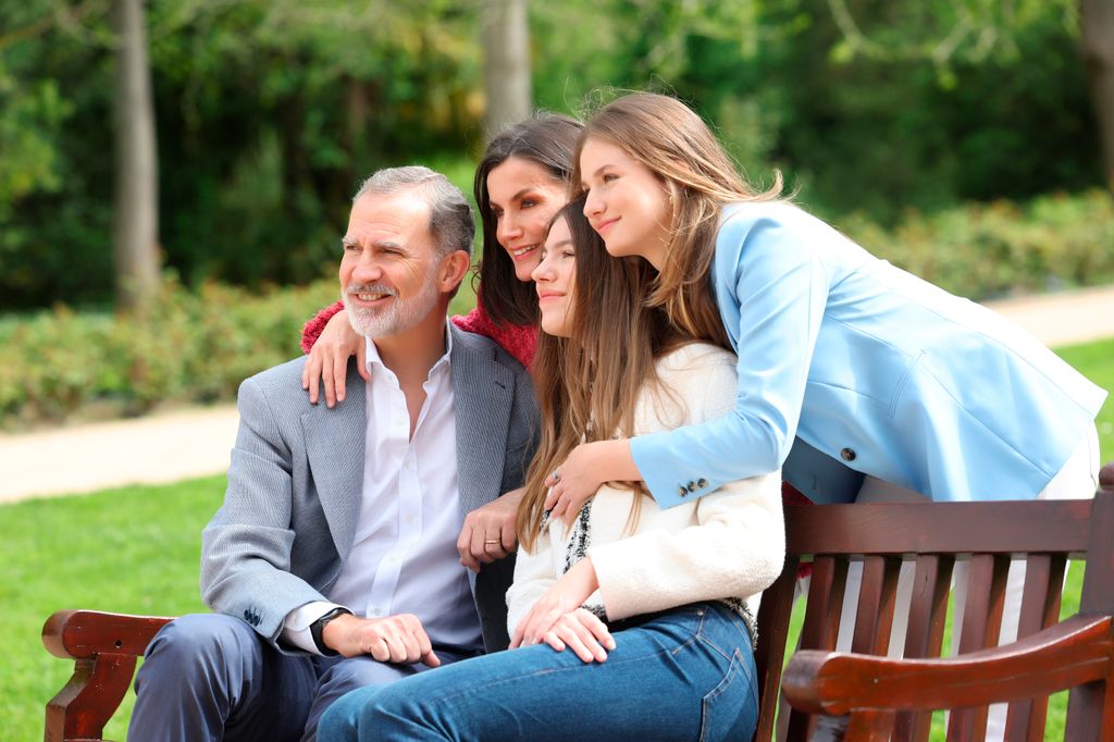 Portrait of Spanish Kings Felipe VI and Letizia Ortiz with their daughters the Princess Leonor and the Infanta Sofia on the occasion of the 20th wedding anniversary