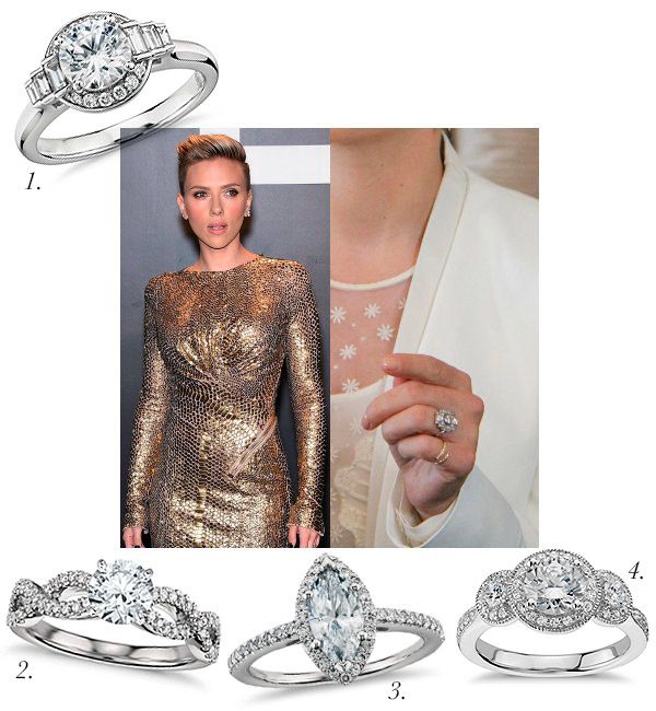 El anillo de compromiso más original de nuestra selección de tendencias inspiradas por las celebs es el de Scarlett Johansson.
