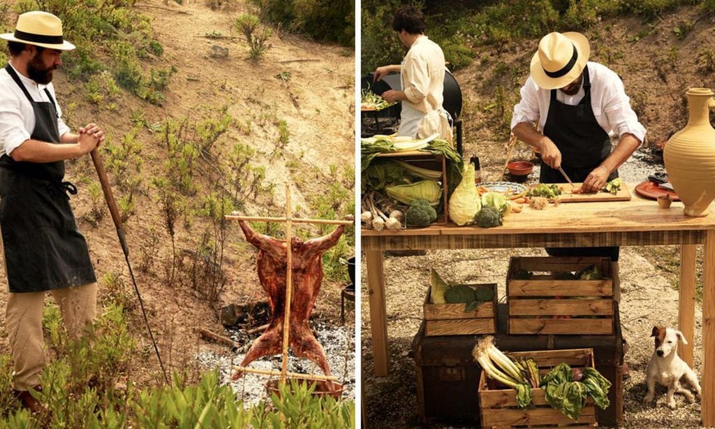 
Rafa y Juan López G. de Alvear preparando mano a mano el asado, con productos de la propia finca.
