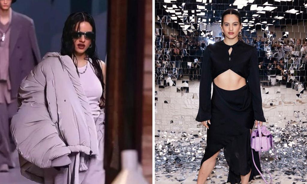 
Arriba, Rosalía, durante su actuación en Coachella, en 2019. Sobre estas líneas, a la izquierda, en enero del año pasado, en el desfile de la colección masculina de Louis Vuitton, en París. A la derecha, en la Fashion Week de París.
