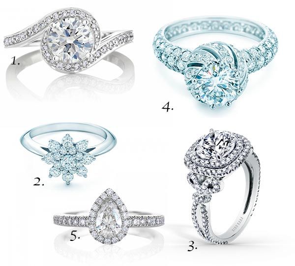 1. Caress Diamond de De Beers, con un diamante central rodeado de piedras en pavé. 2. Tiffany Flower, de Tiffany, con central con diamantes engastados sobre banda sencilla de oro blanco. 3. Pirouetta, de Kirk Kara, con diamante central de talla redonda. 4. Anillo de compromiso Schlumberger®Buds Ring, de Tiffany, con piedra redonda al centro y pavé de diamantes. 5. Aura, de De Beers, con piedra central tipo pera y halo de diamantes en micropavé. ©De Beers ©Tiffany ©Kirk Kara
