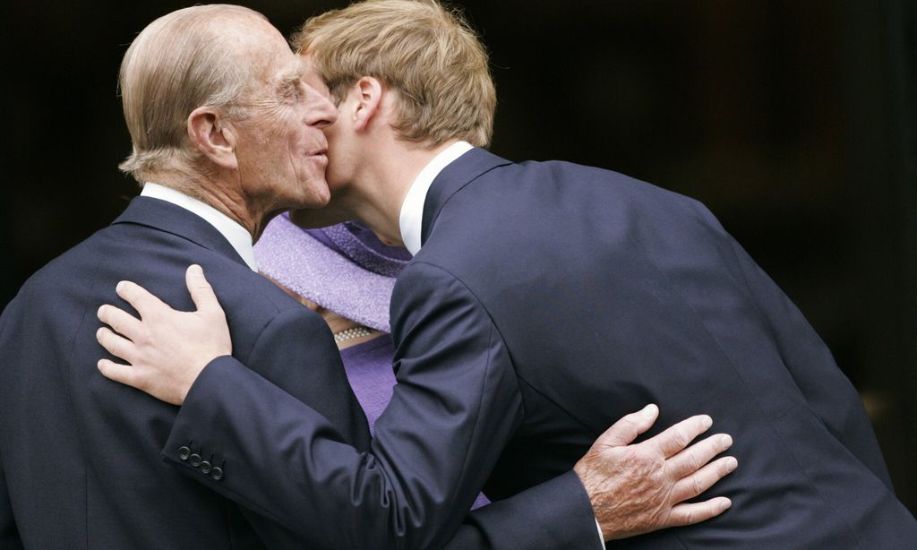 the duke gave his grandson prince william a kiss on the cheek at the 10th anniversary memorial service of princess diana in 2007 
