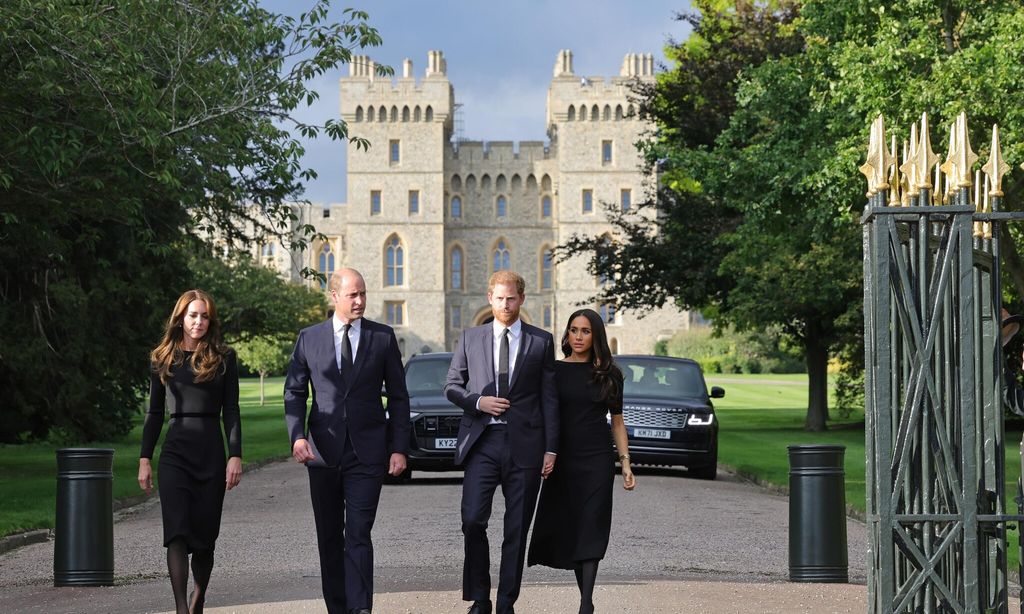 catherine princess of wales prince william prince of wales prince harry duke of sussex and meghan duchess of sussex on the long walk at windsor castle on september 10 2022 in windsor england 