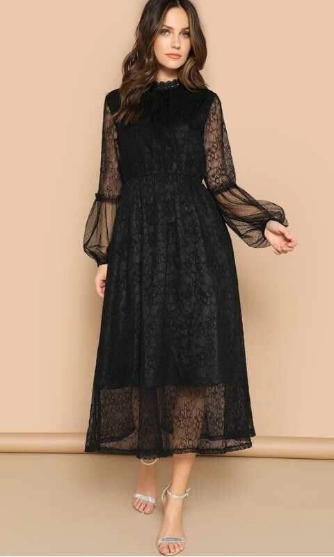 scallop mock neck sheer balloon sleeve lace dress de shein